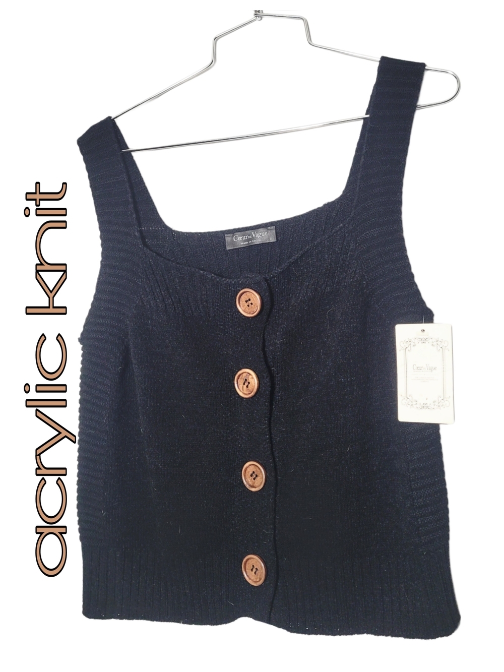 ModCloth Couer De Vague Acrylic Knit  Tank Faux Wood Button-Front Size Large